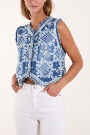 Patchwork Embroidered Denim Waistcoat