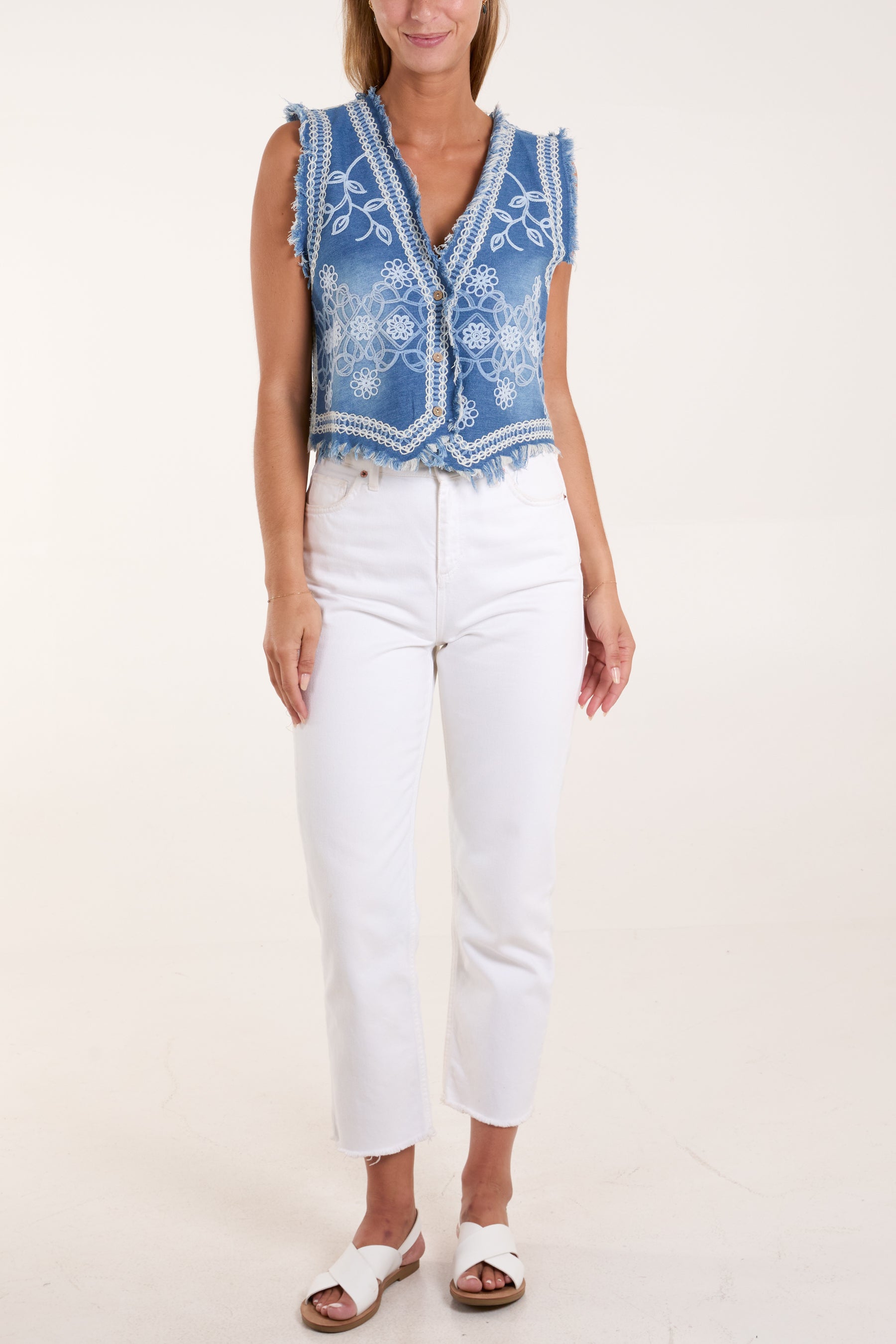 Floral Embroidery Denim Waistcoat