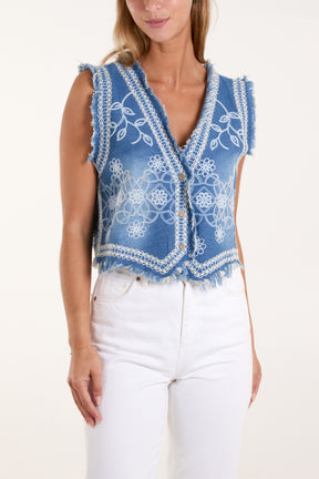 Floral Embroidery Denim Waistcoat