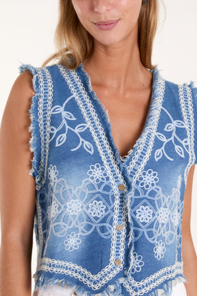 Floral Embroidery Denim Waistcoat