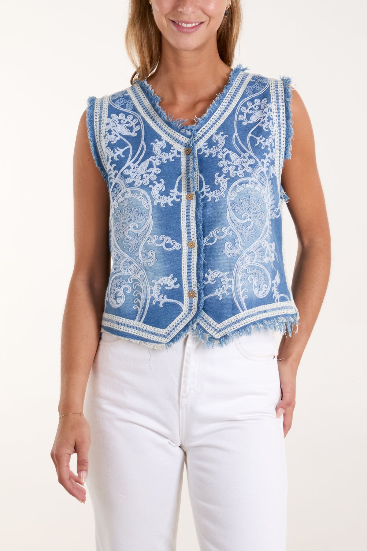 Paisley Embroidery Denim Waistcoat