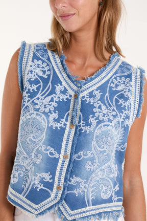 Paisley Embroidery Denim Waistcoat