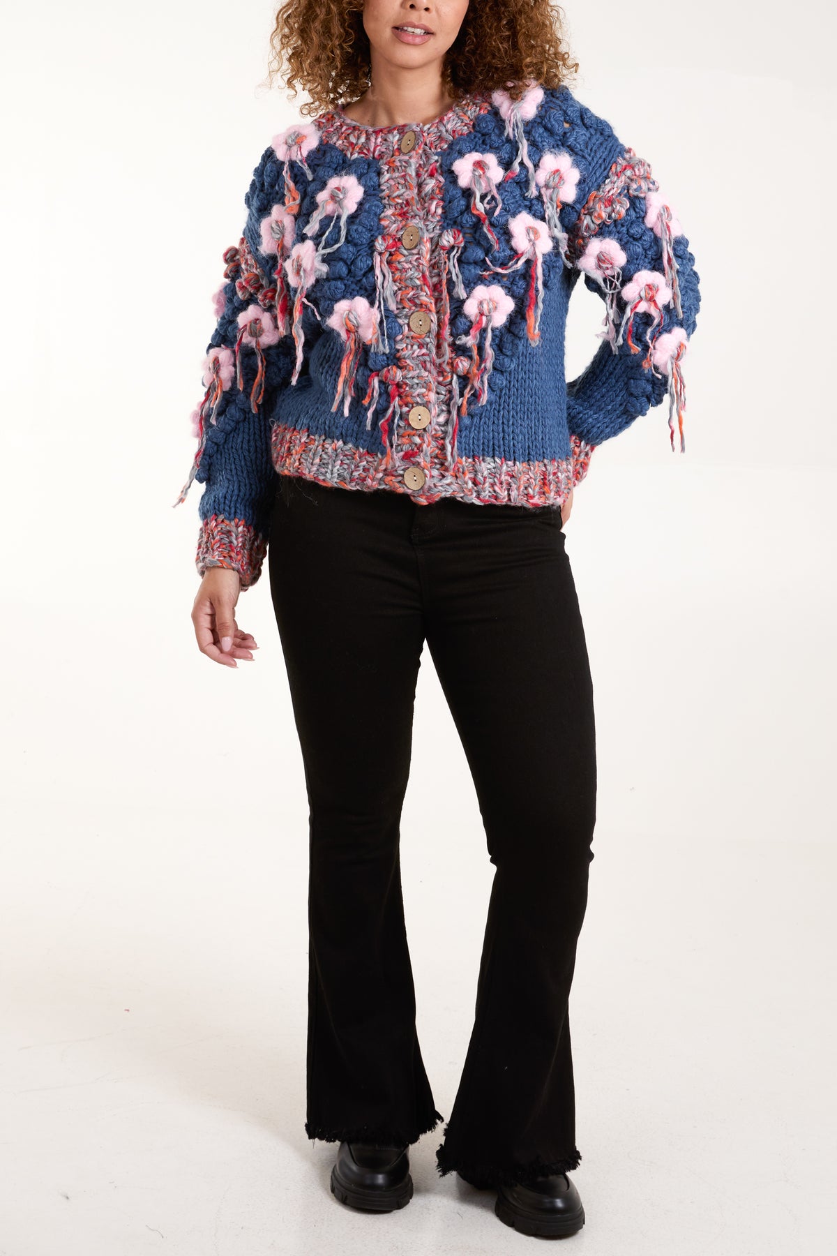 Handknitted Chunky Flower Knit Tassel Cardigan