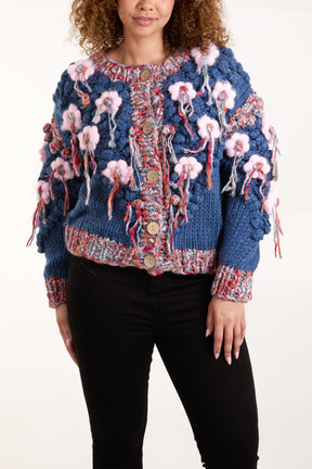 Handknitted Chunky Flower Knit Tassel Cardigan