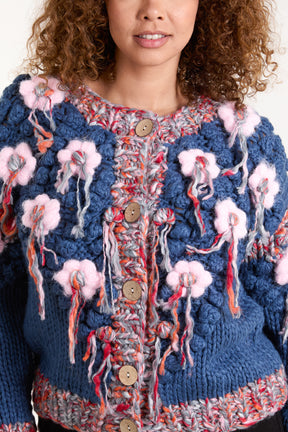 Handknitted Chunky Flower Knit Tassel Cardigan