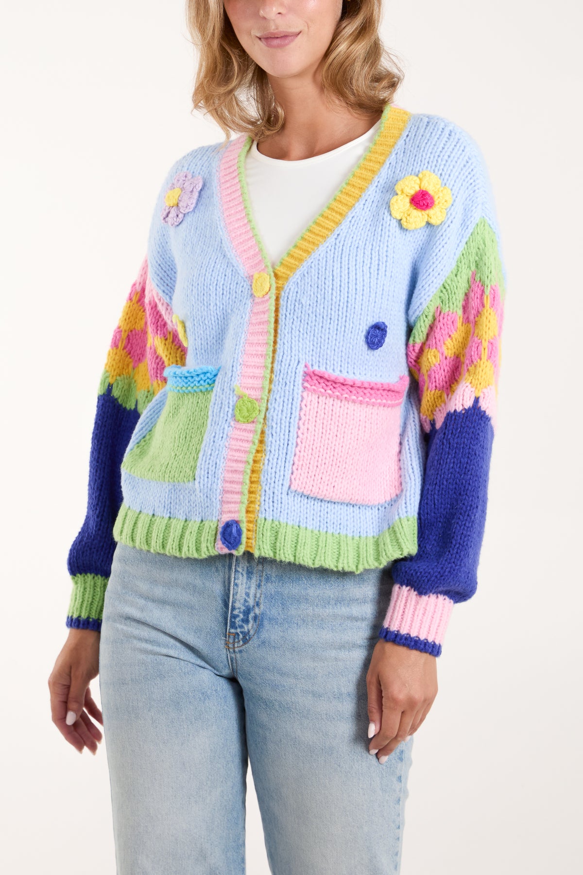 3-D Flower Chunky Knit Colourblock Cardigan