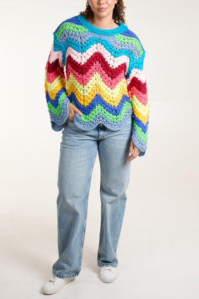 Multi Colour Zig Zag Chunky Knit Jumper