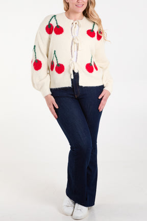 Cherry Print Tie Front Knit Cardigan