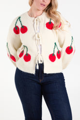 Cherry Print Tie Front Knit Cardigan