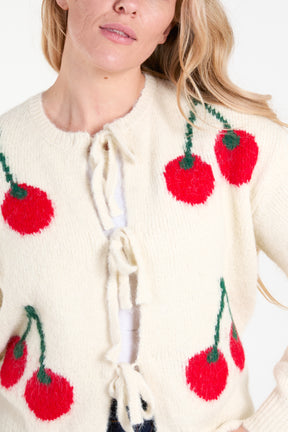 Cherry Print Tie Front Knit Cardigan