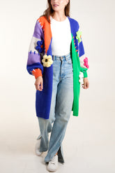 Colour Block 3D Flower & Stitch Longline Cardigan