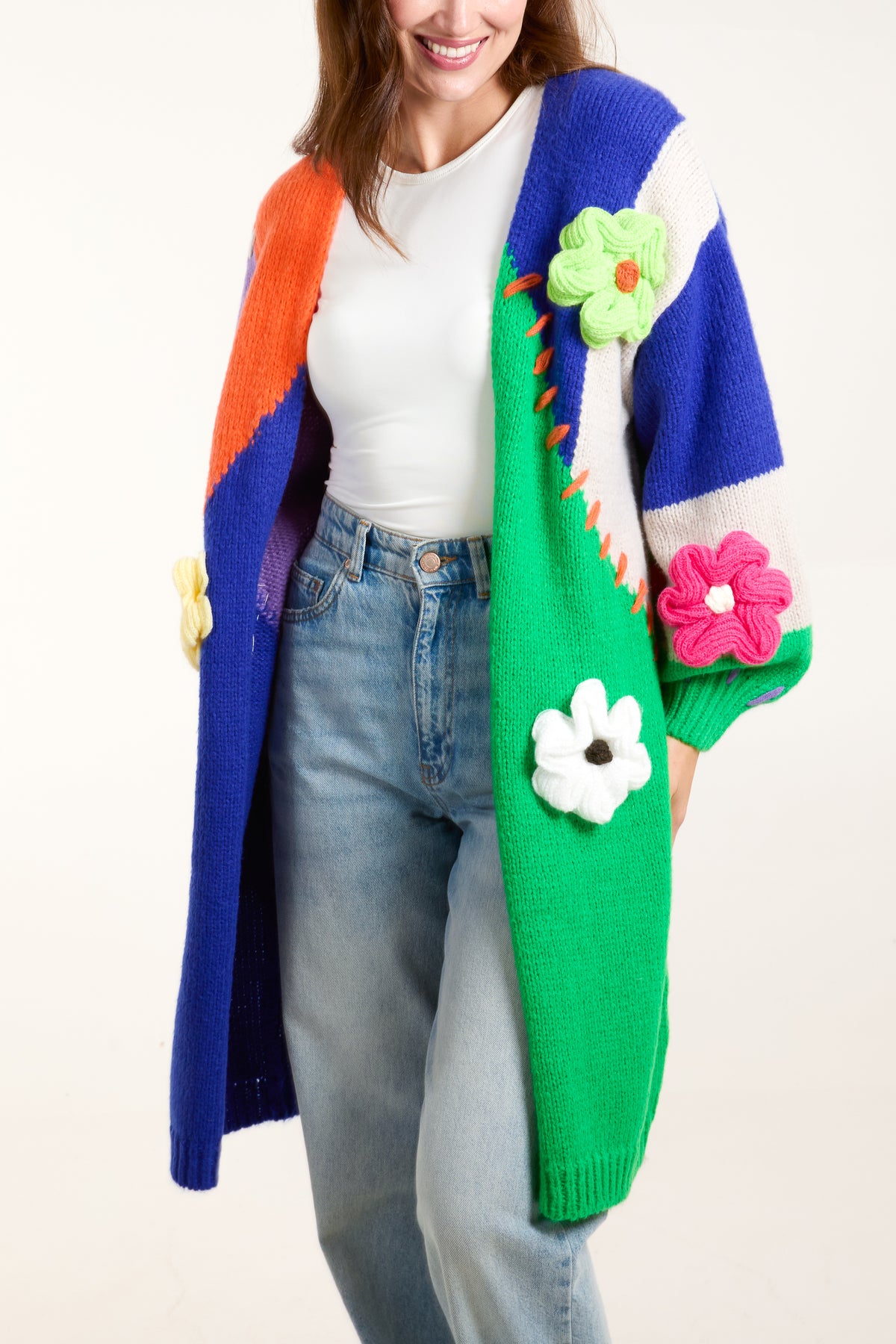 Colour Block 3D Flower & Stitch Longline Cardigan