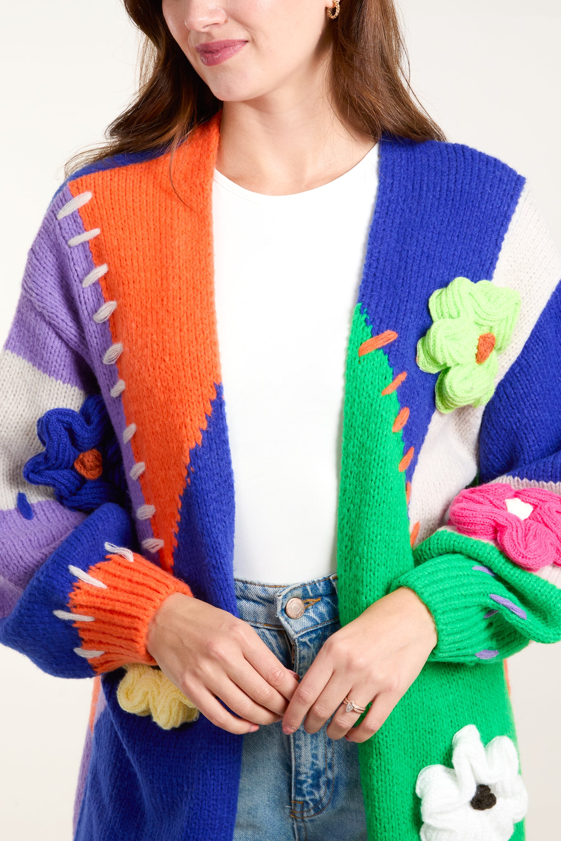 Colour Block 3D Flower & Stitch Longline Cardigan