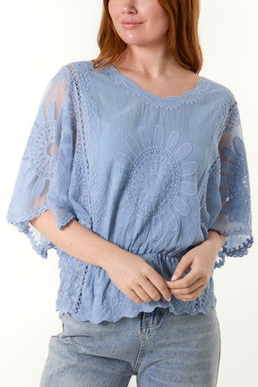 Sun Flower Lace Sleeve Blouse