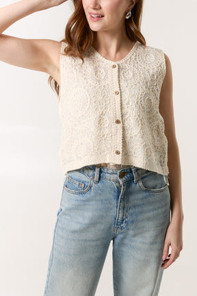 Floral Crochet Button-Up Vest