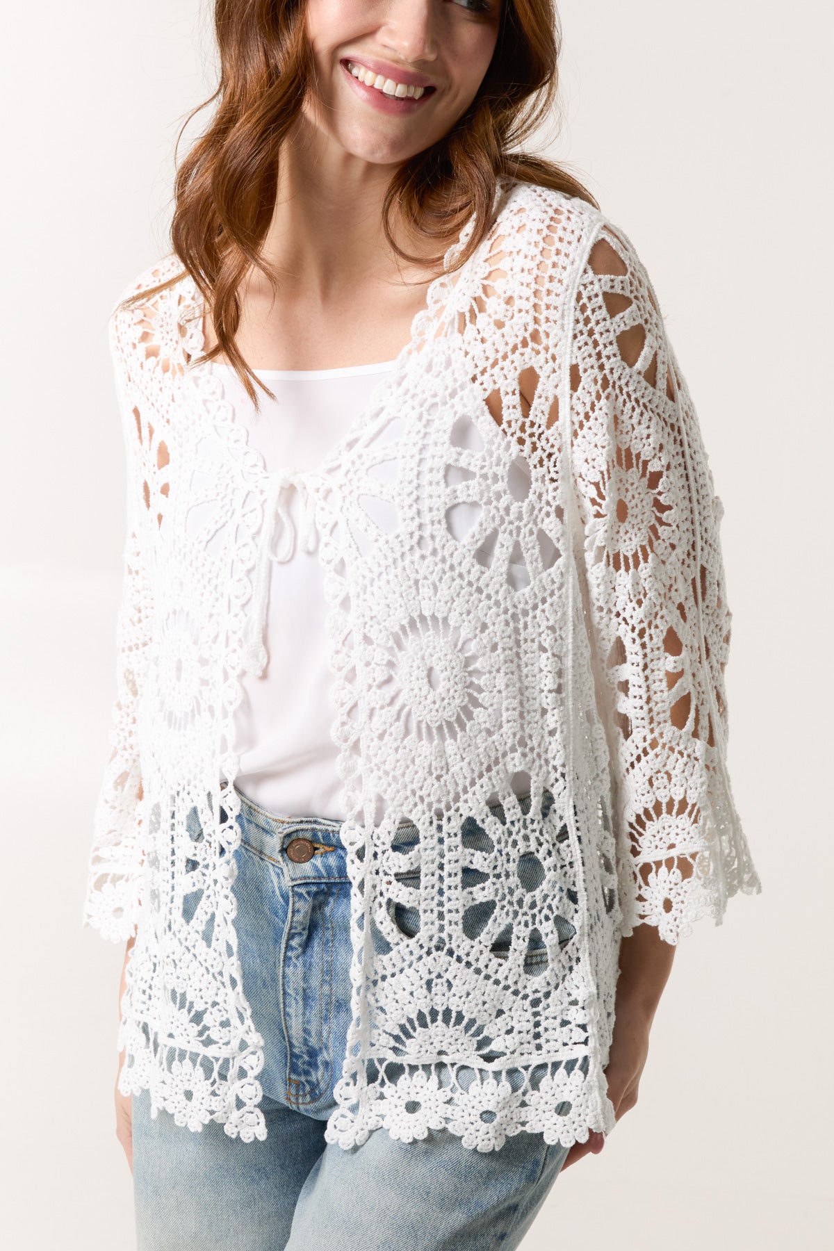 Tie Front Multi Crochet Cardigan