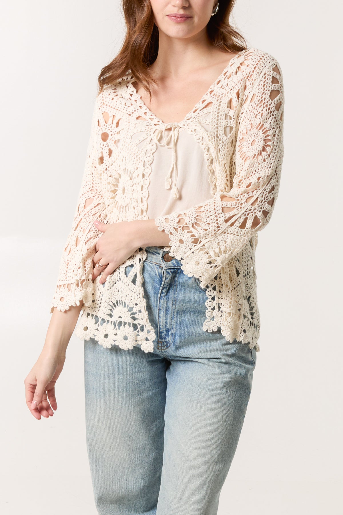 Tie Front Multi Crochet Cardigan