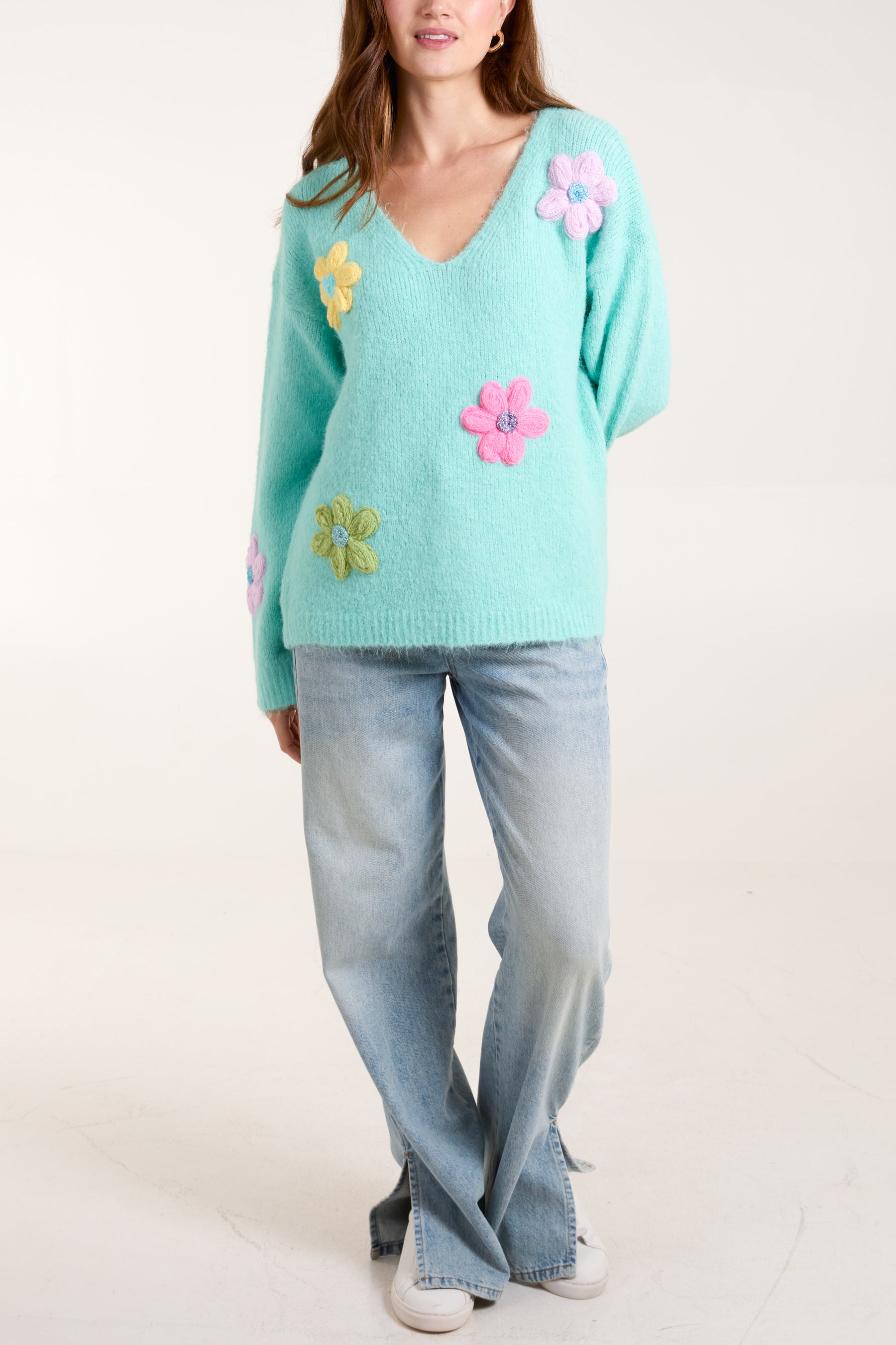 Embroidery Knit Flower V-Neck Jumper