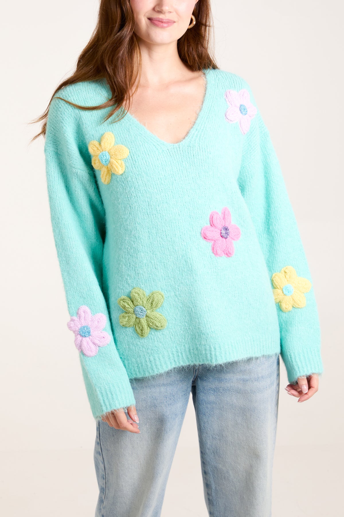 Flower Knit Embroidery V neck Jumper