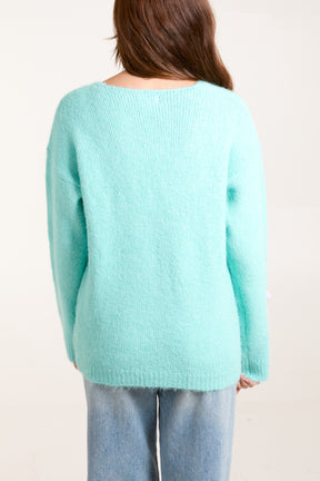 Embroidery Knit Flower V-Neck Jumper