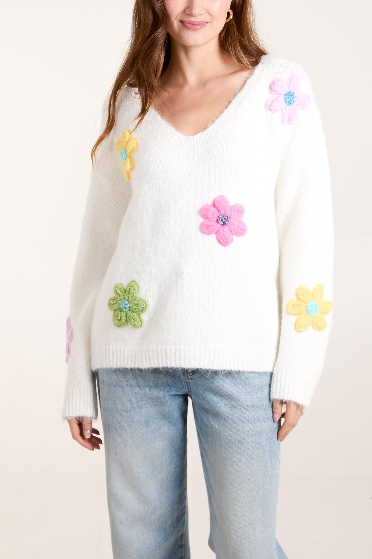 Flower Knit Embroidery V neck Jumper