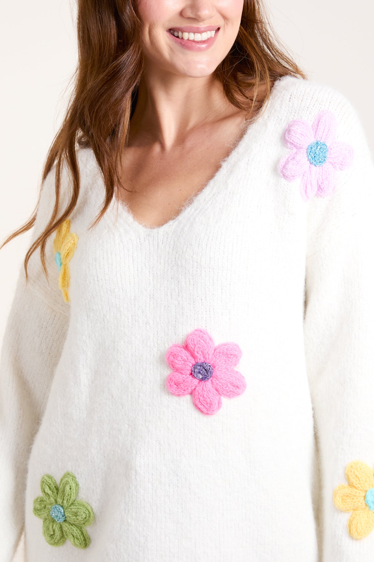 Flower Knit Embroidery V neck Jumper