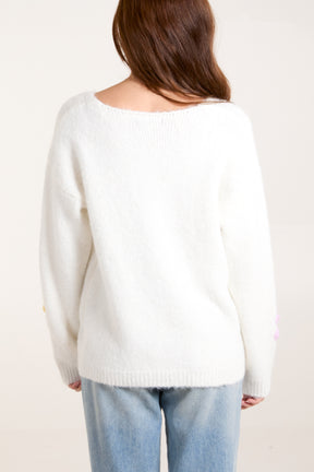 Embroidery Knit Flower V-Neck Jumper