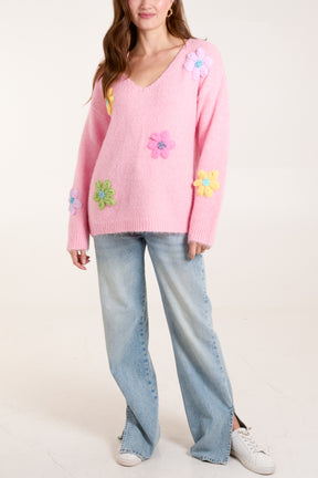 Embroidery Knit Flower V-Neck Jumper