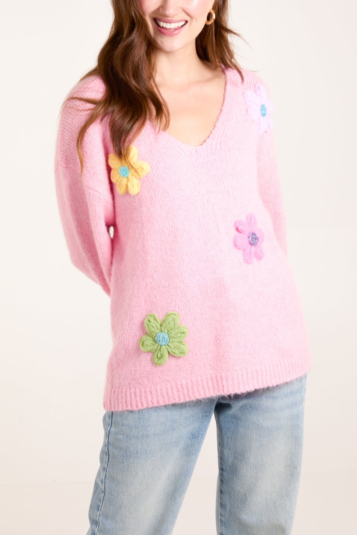 Flower Knit Embroidery V neck Jumper