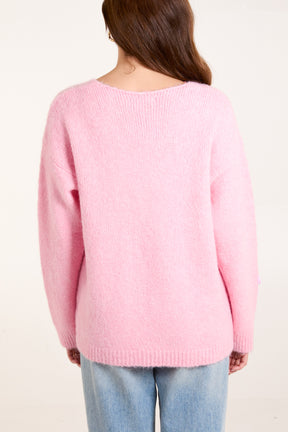 Embroidery Knit Flower V-Neck Jumper