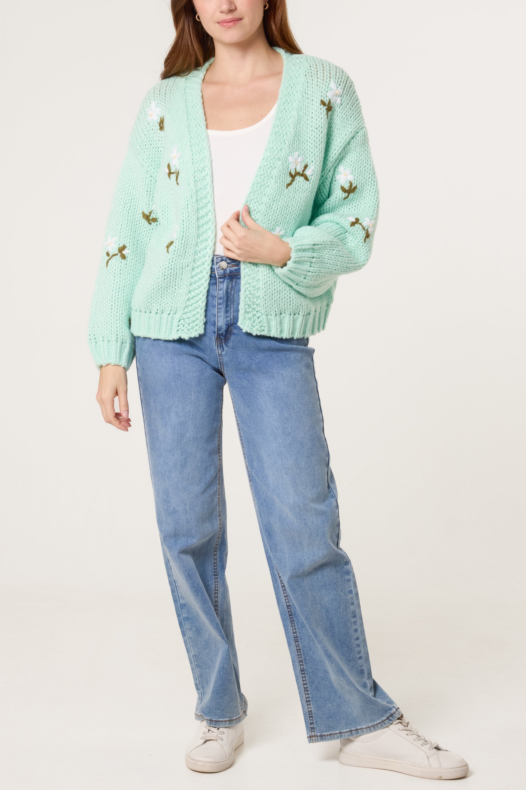 Chunky Knit Flower Embroidered Cardigan