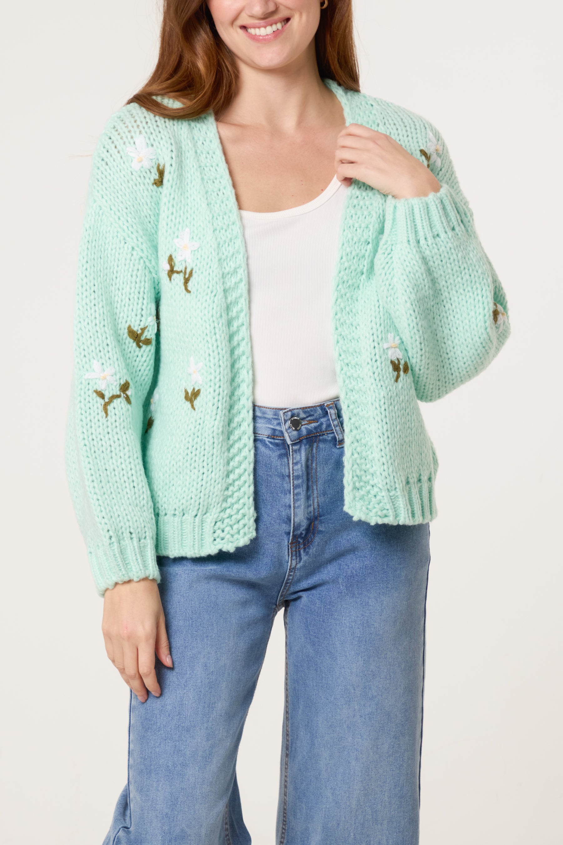 Chunky Knit Flower Embroidered Cardigan