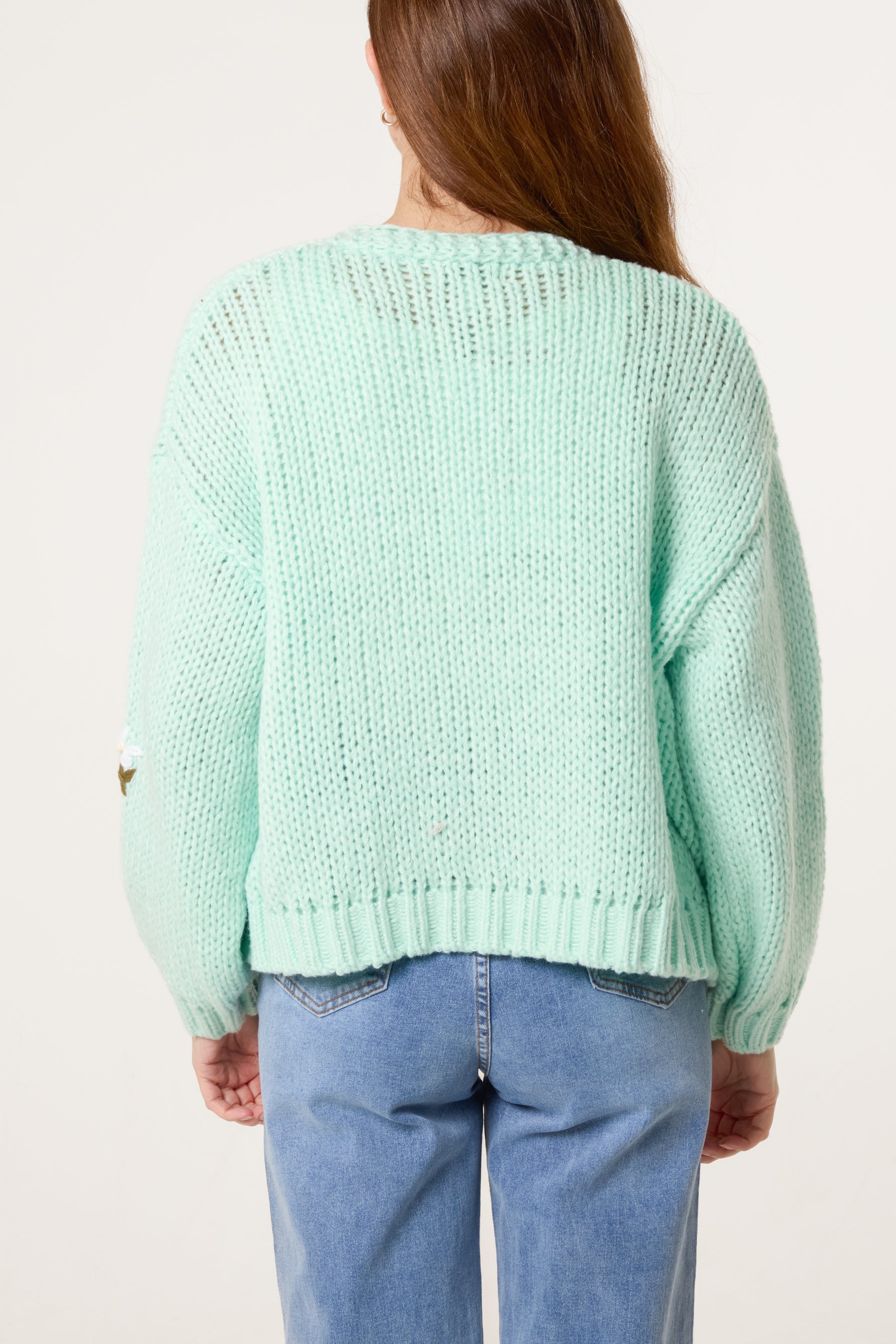 Chunky Knit Flower Embroidered Cardigan