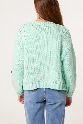 Chunky Knit Flower Embroidered Cardigan