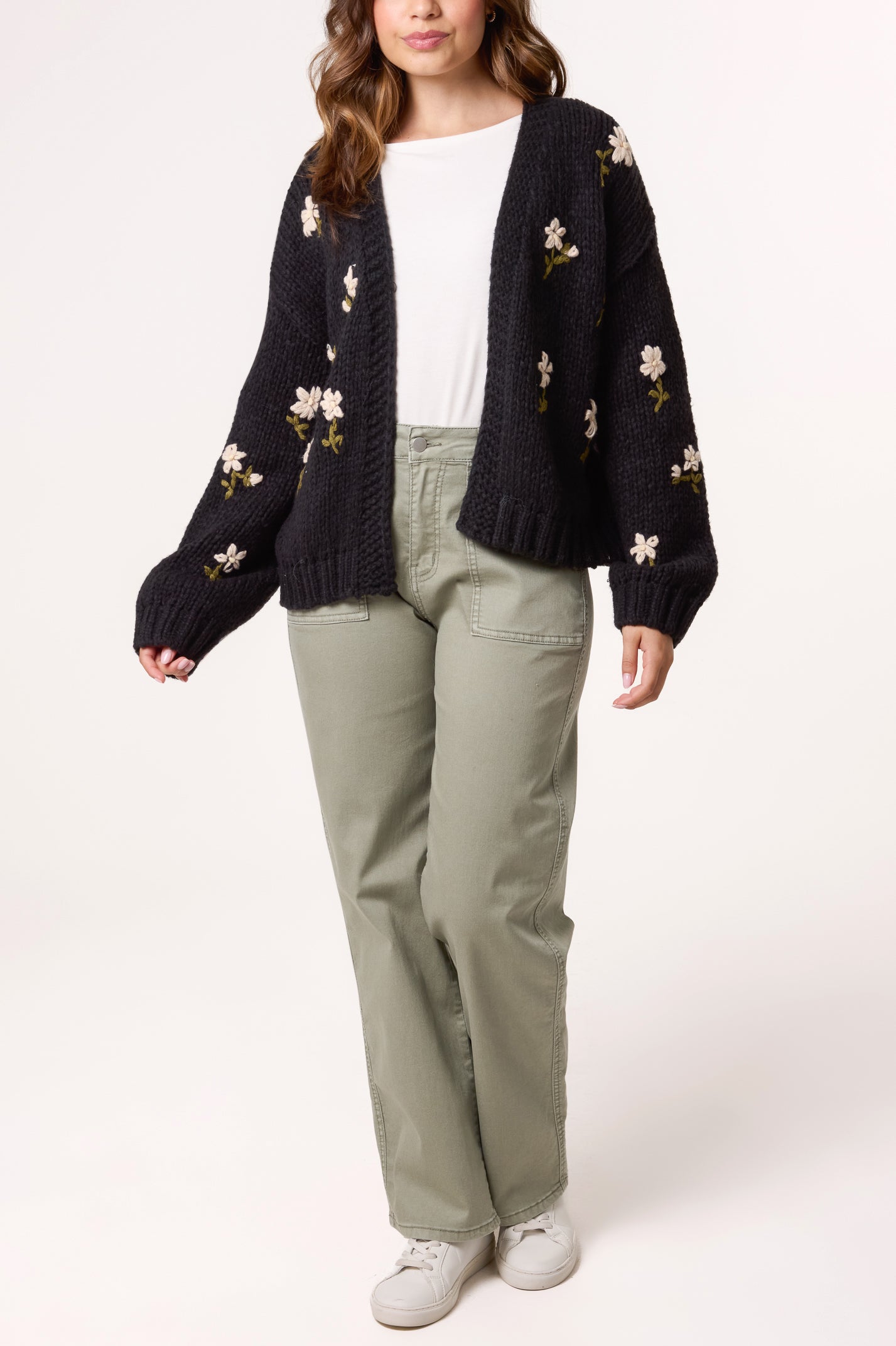 Chunky Knit Flower Embroidered Cardigan
