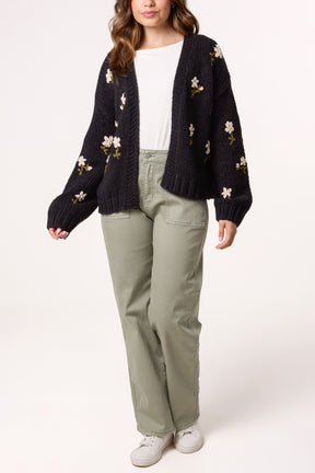 Chunky Knit Flower Embroidered Cardigan