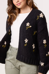 Chunky Knit Flower Embroidered Cardigan