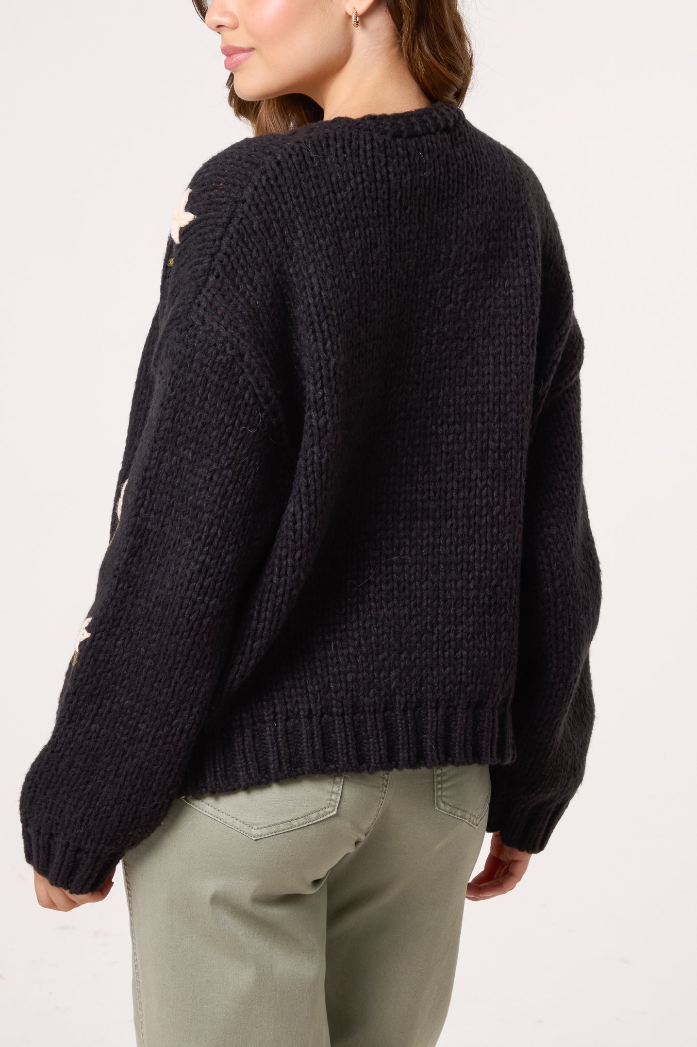 Chunky Knit Flower Embroidered Cardigan