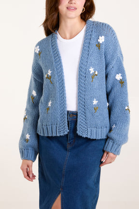 Flower Embroidered Chunky Knit Cardigan