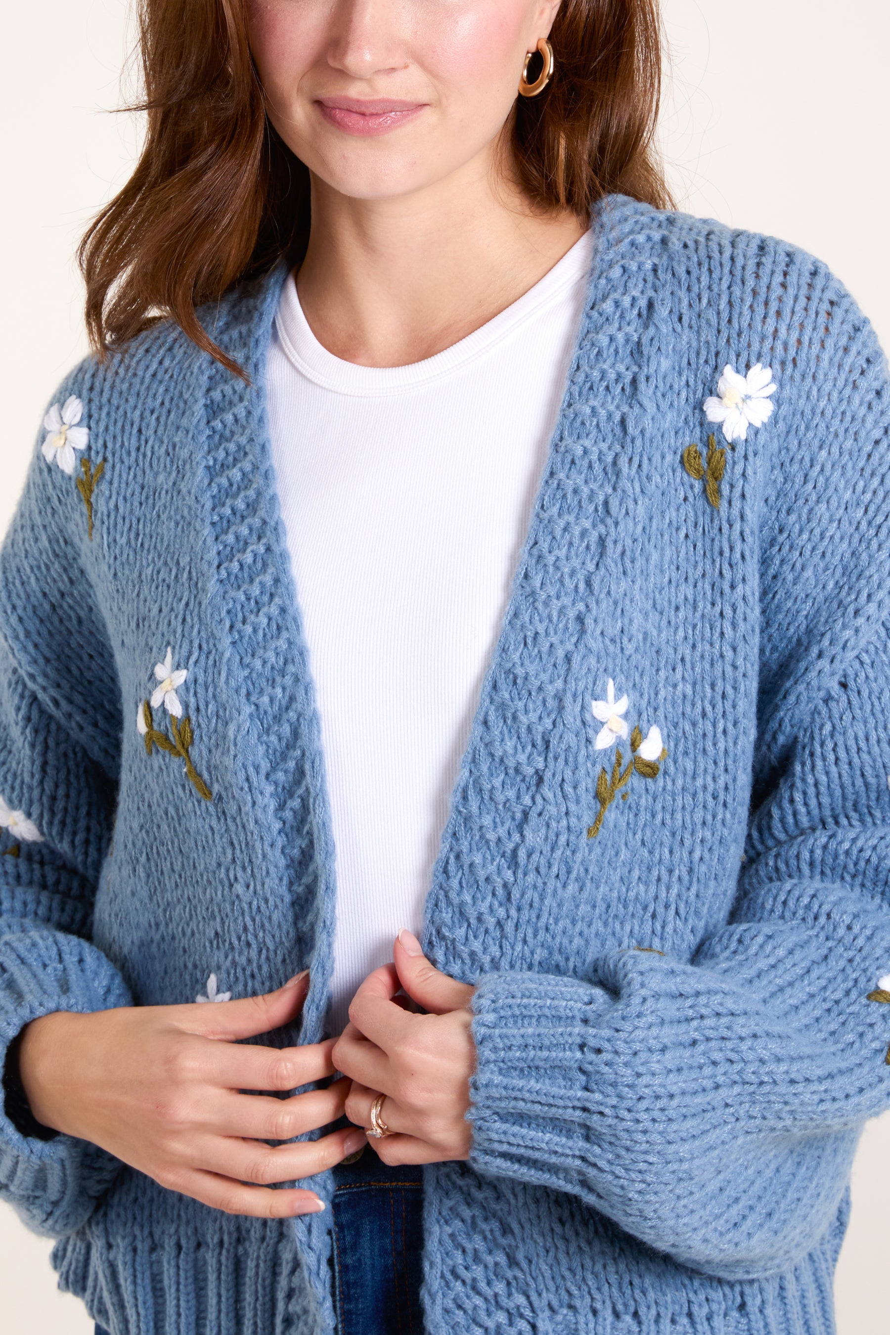 Flower Embroidered Chunky Knit Cardigan