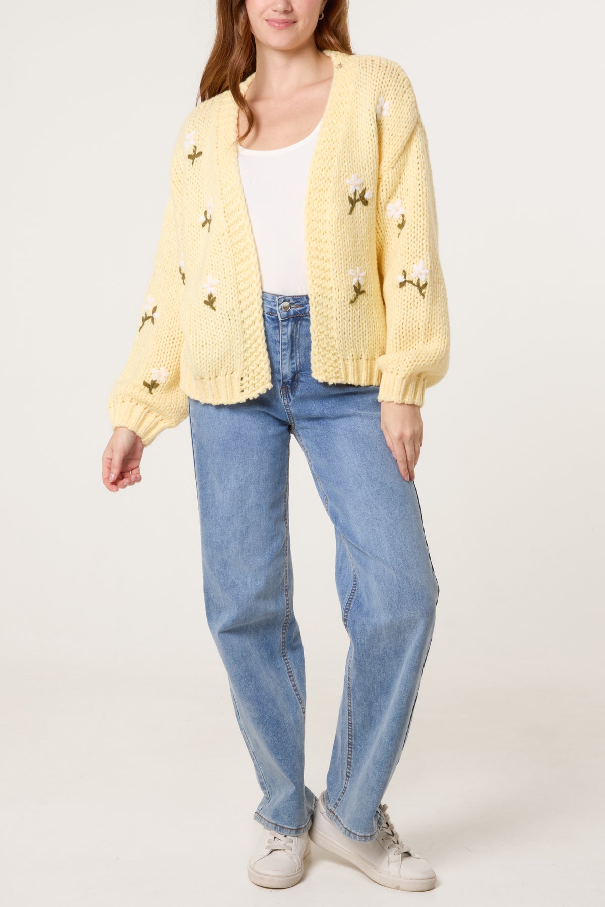 Chunky Knit Flower Embroidered Cardigan