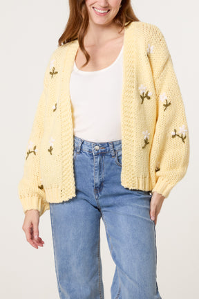 Chunky Knit Flower Embroidered Cardigan