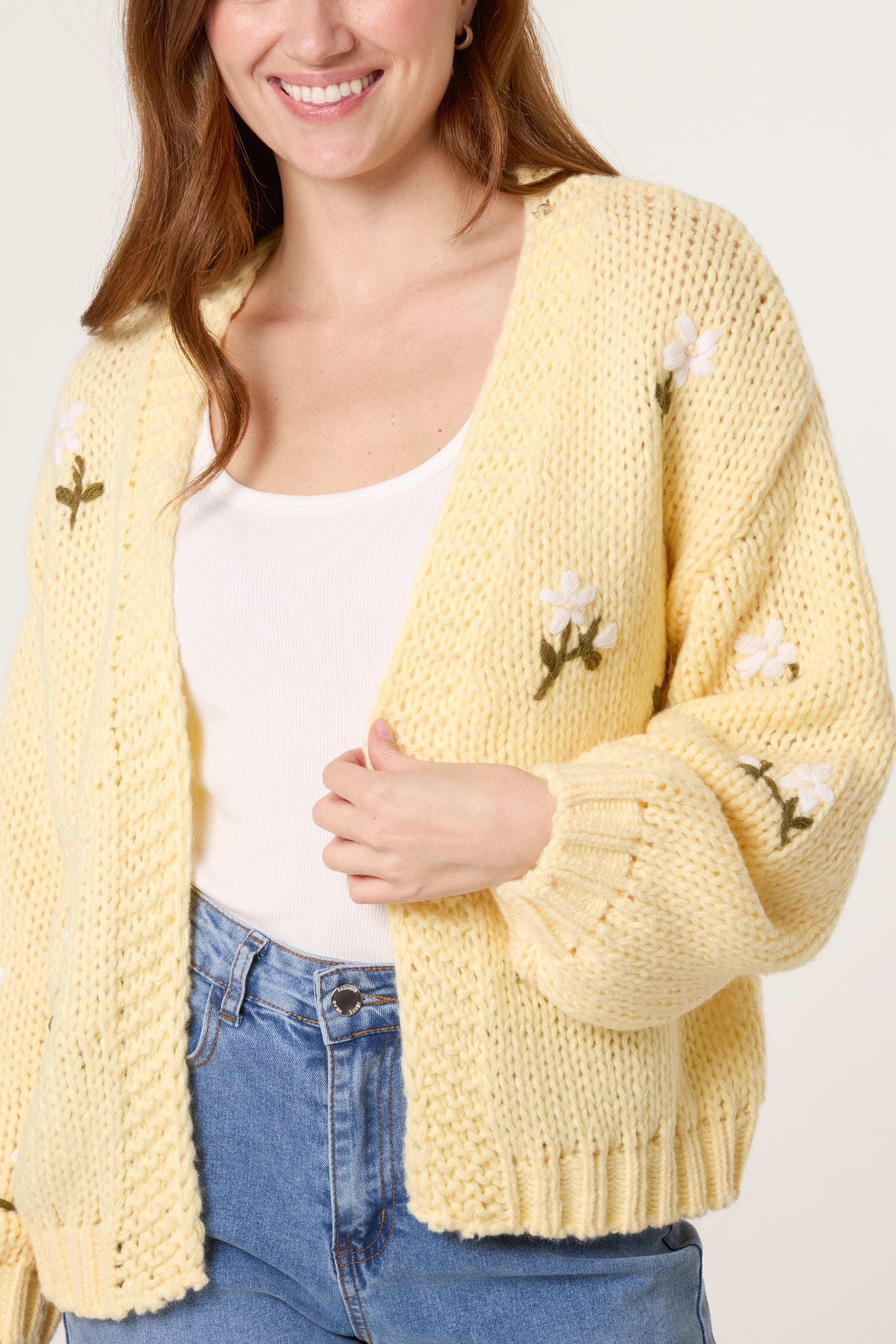 Chunky Knit Flower Embroidered Cardigan