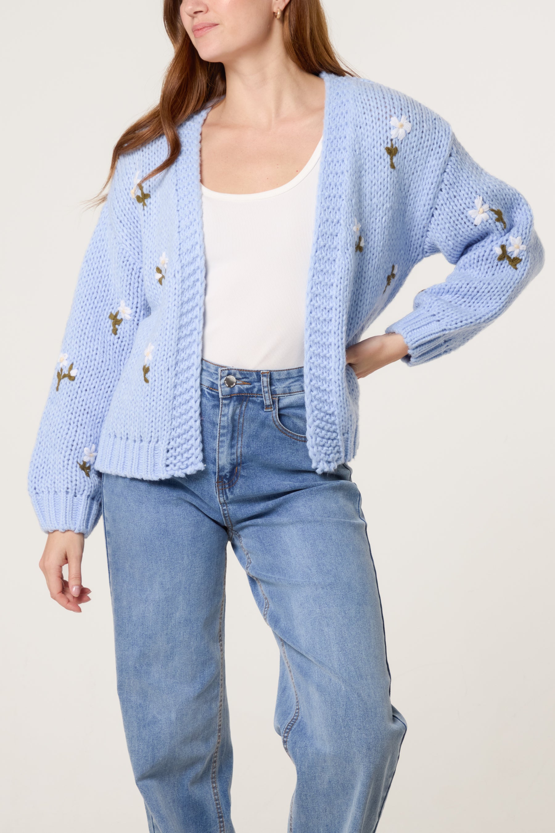 Chunky Knit Flower Embroidered Cardigan