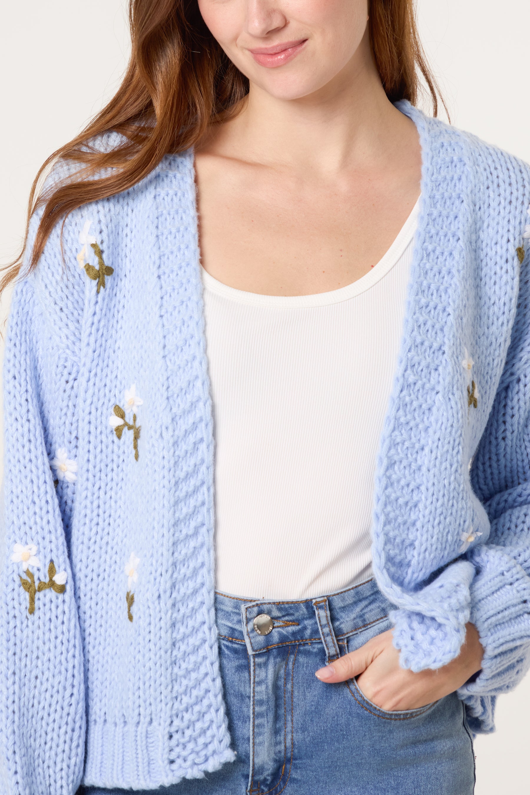 Chunky Knit Flower Embroidered Cardigan