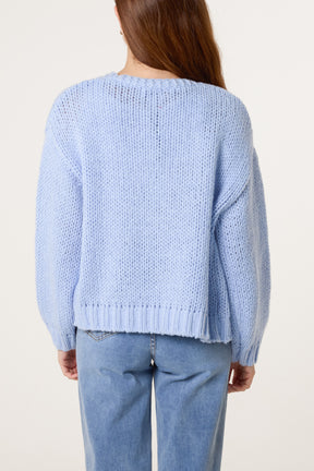 Chunky Knit Flower Embroidered Cardigan