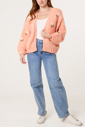 Chunky Knit Flower Embroidered Cardigan