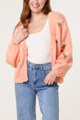 Chunky Knit Flower Embroidered Cardigan