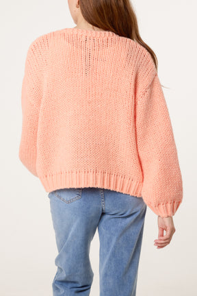 Chunky Knit Flower Embroidered Cardigan