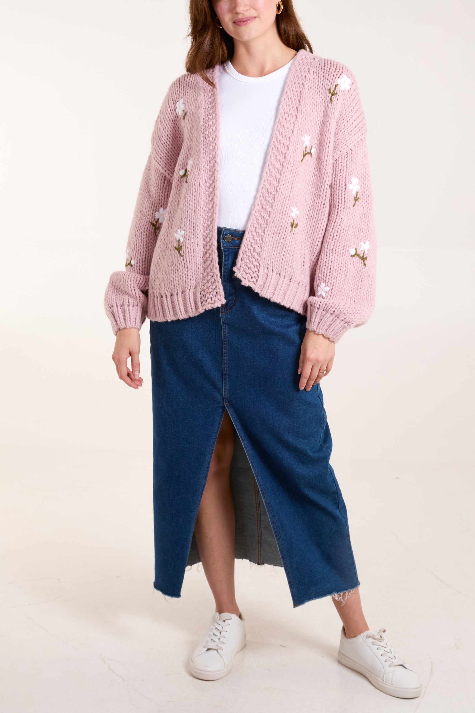 Flower Embroidered Chunky Knit Cardigan